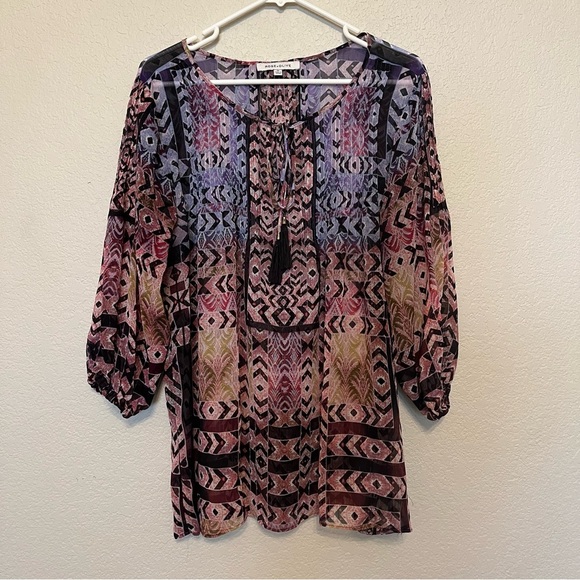 Rose & Olive Tops - Rose & Olive Women's Multicolor Boho Geometric Patterned Blouse With Tassel 1X